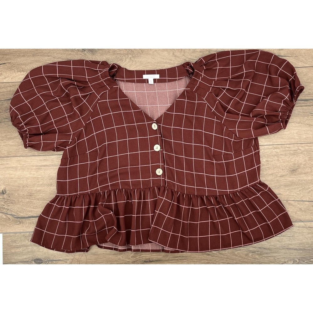LC Lauren Conrad Blouse Size XL Rust Windowpane Plaid Peplum Puff Sleeve Cottage